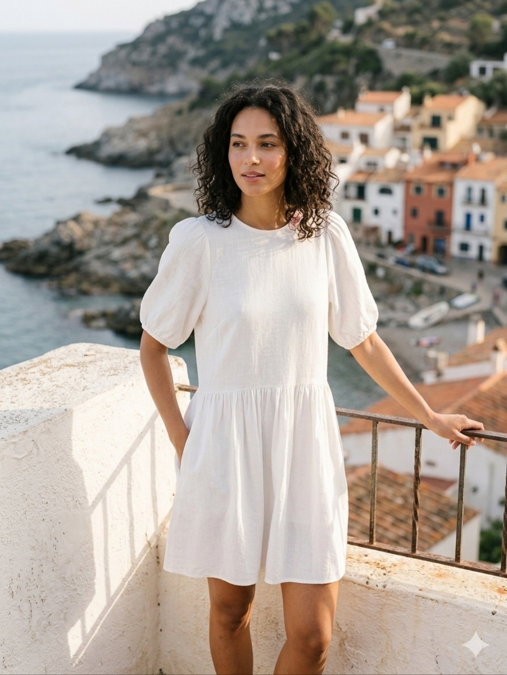 Lisa Says Gah Pia White Linen Blend Puff Sleeve Smock Mini Dress